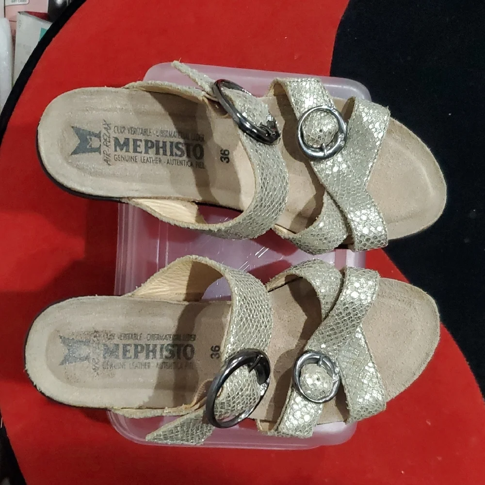 Mephisto Air Flex Gold Leather Wedge Sandals
